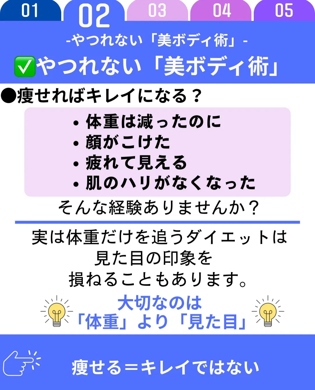 ダイエットで体重は落ちたのに、顔がこけたり疲れて見えたり…。