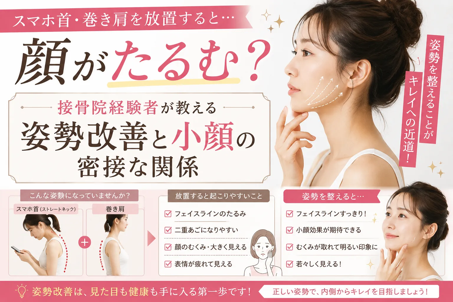 スマホ首・巻き肩を放置すると顔がたるむ？接骨院経験者が教える、姿勢改善と小顔の密接な関係